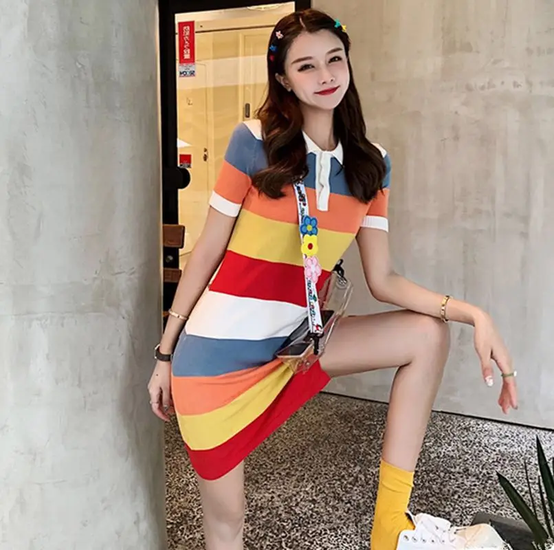 

Women Summer Dress 2019 Lolita Rainbow Striped Turn Down Collar Short Sleeve Side Slit Bodycon Knit Fringe Dress vestido D241