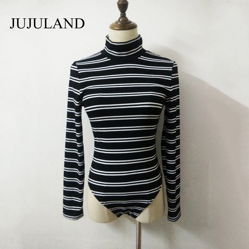 Autumn Bodysuits Women Turtleneck Striped Long Sleeve Elegant Female