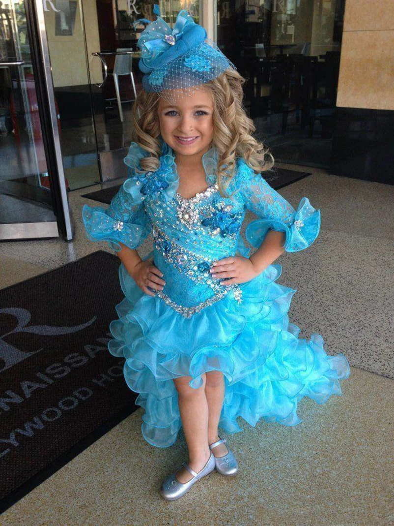 24=2015 Sparly Pageant Dresses For Girls Blue Kids Prom Dresses Organza Lace Half Sleeve Hi lo Short Party Dresses for Girls Pageant Gowns (1)