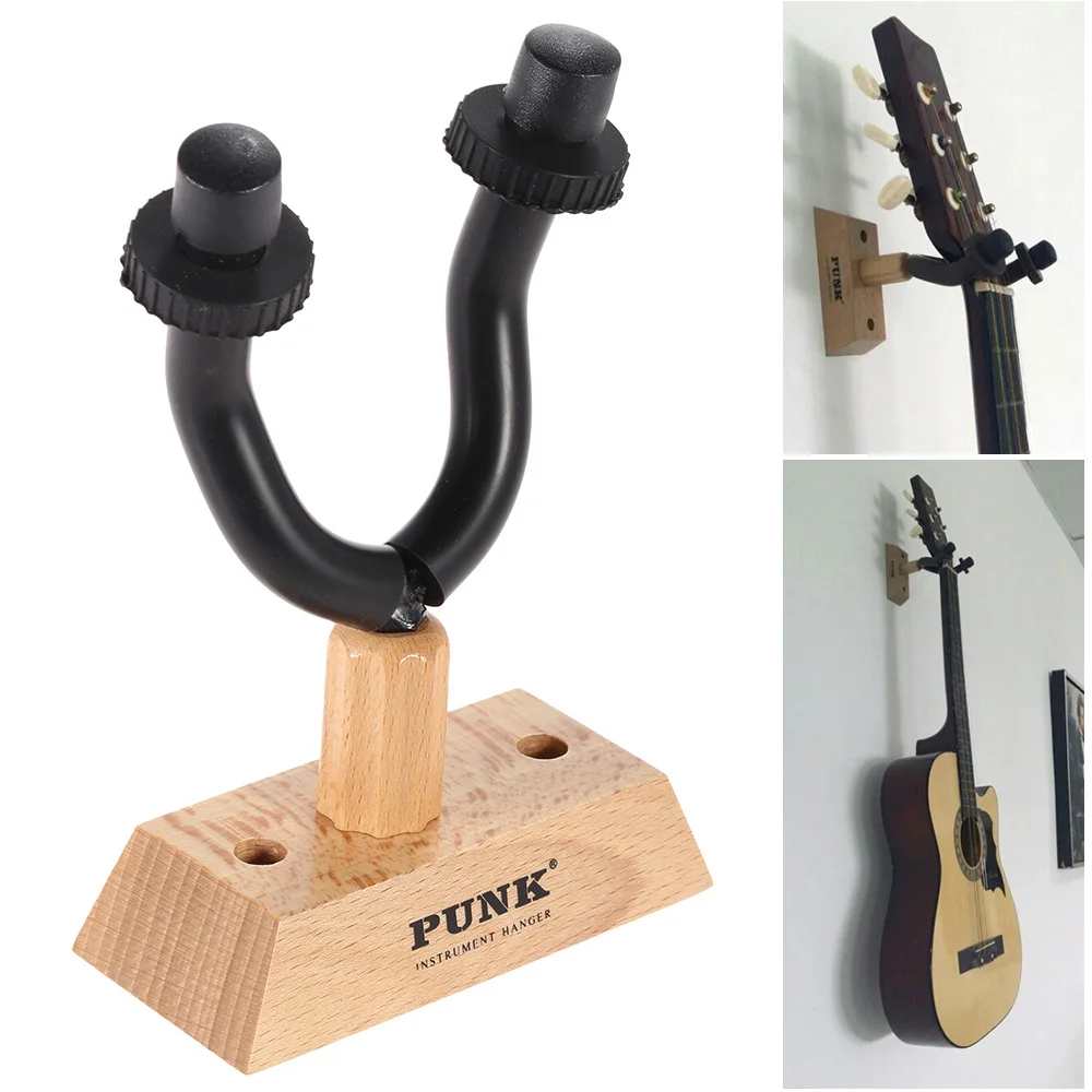 Guitar Wall Mount Hanger Metal Rack Hook W/ Rubber Sheath Wooden Base