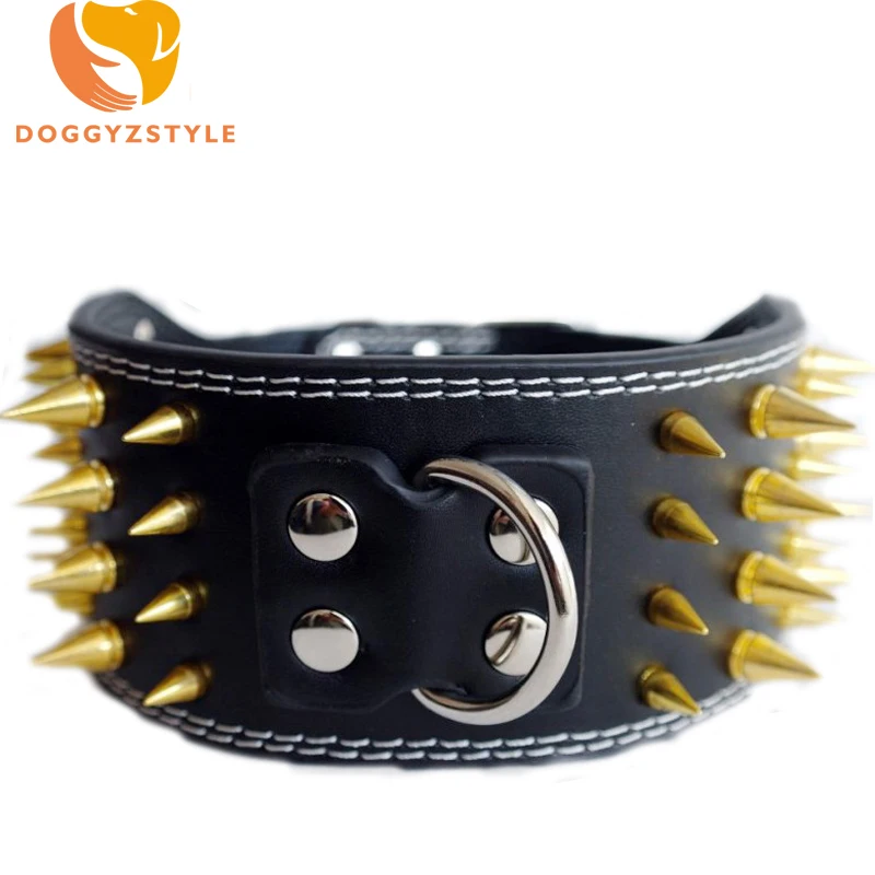 

3inch Wide Gold Color Spiked Studded Leather Dog Collars 16-24" For Medium Large Breeds Pitbull Mastiff Boxer Bully 3 Sizes
