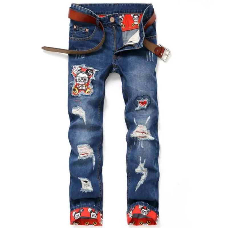 

ABOORUN 2017 Hip Hop Mens Ripped Jeans Distressed Hole Jeans with Patches Streetwear Y2004