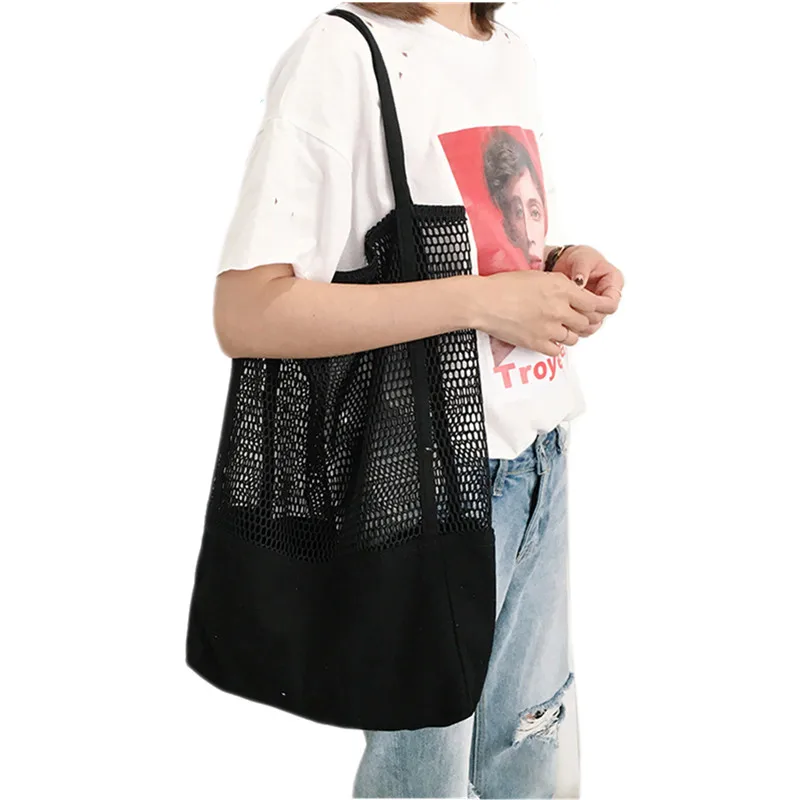 Модная женская сумка для покупок парусиновая пляжная сумка в сеточку летняя сумка одиночные Сумки На Плечо Организатор дорожных туалетов дамская сумочка