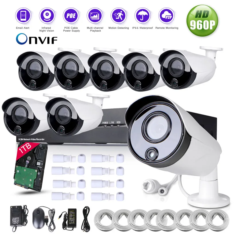 

1TB Hard Drive Waterproof 8CH NVR Network Home Surveillance 960P PoE IR-CUT Filter switcher Outdoor Security Camera System