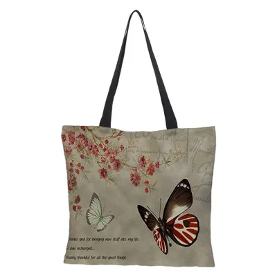 Сумка для покупок, многоразовая сумка из мешковины, двухсторонняя сумка на плечо с принтом бабочки, повседневная мультяшная сумка - Цвет: 11