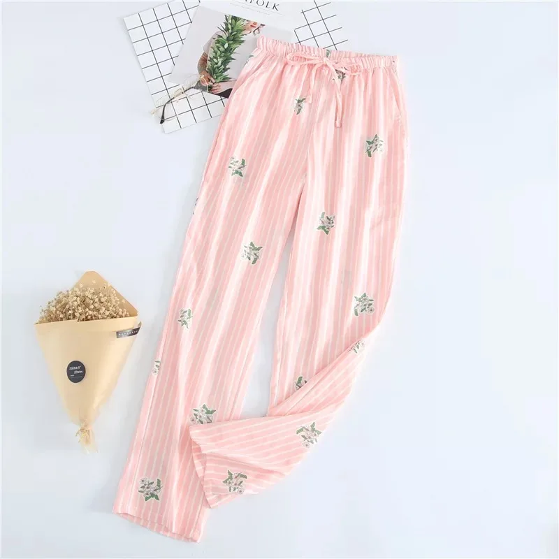 Женские штаны для сна,, марля, хлопок, цветочный принт, сетка, полоса ...