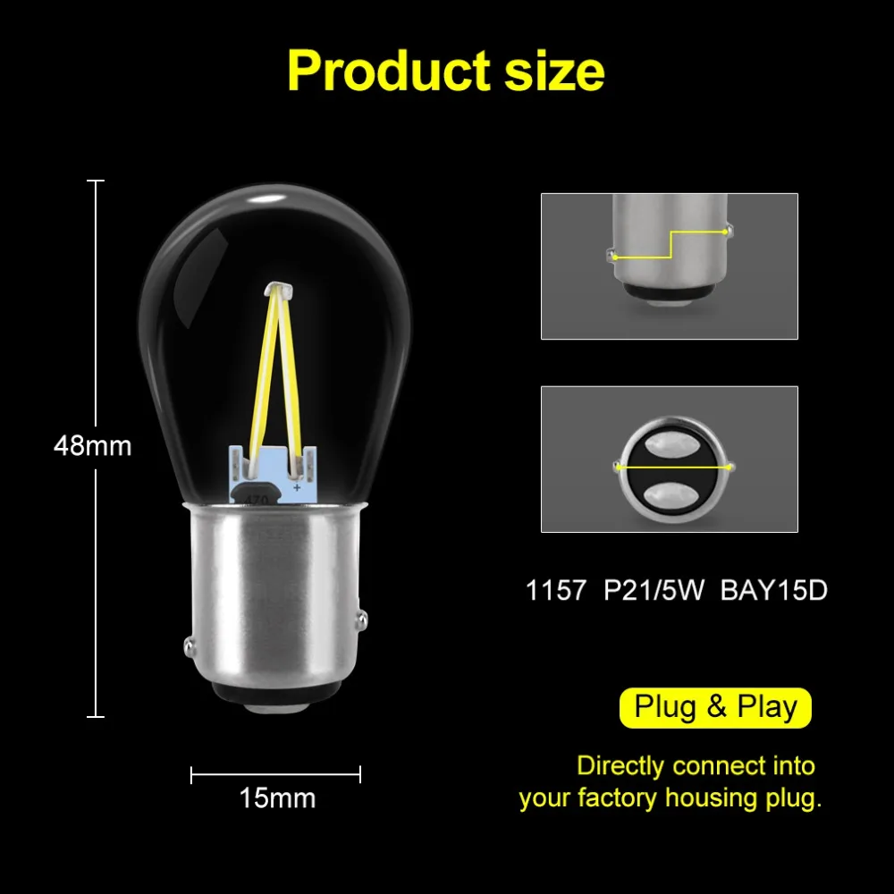 1157 BAY15d P21/5 W светодиодный фонарь для автомобиля, COB филаментные чипы, тормозные огни, автомобильные лампы заднего хода для парковки, автомобильные лампы, DC12V белый желтый