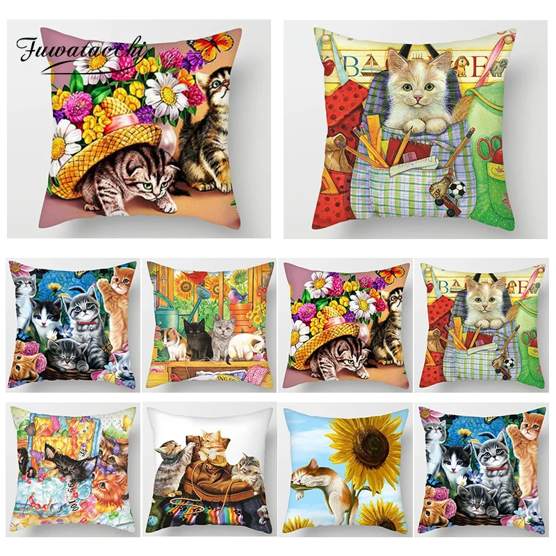 

Fuwatacchi 3D Cute Lovely Cat Print Cushion Cover Animal Cat Dog Flower Pillowcase Sofa Seat Home Car Decor Throw Pillows Cover
