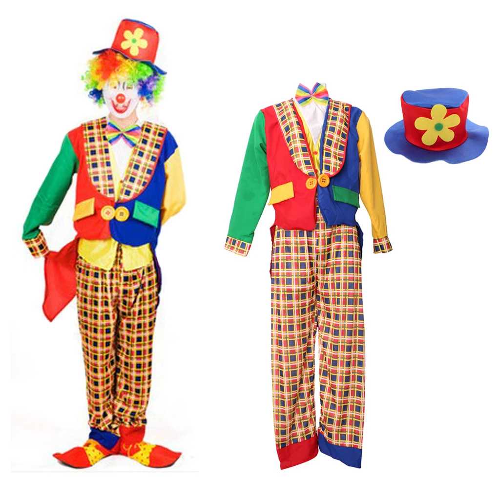 Comedy Clown Costume Halloween Party Tops Coat Pant Hat Set Joke Adult Fancy Dress