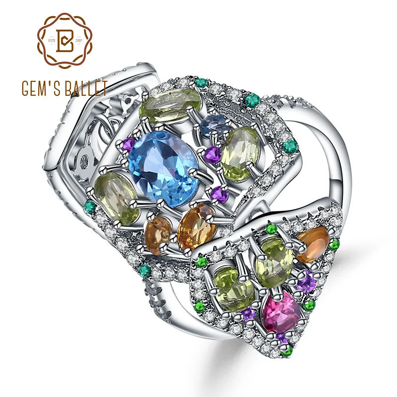GEM'S BALLET многоцветный Натуральный топаз аметист, гранат перидот цитрин коктейльное кольцо 925 пробы серебряные кольца для женщин