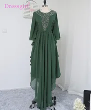 2016 Muslim Evening Dresses A-line Long Sleeves Green Chiffon Beaded Islamic Dubai Abaya Kaftan Long Evening Gown Prom Dress