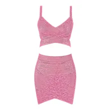 Розовый комплект из двух предметов без рукавов с металлической фольгой и перекрестными эластичными ремешками, сексуальные женские платья, новые модные бандажные платья 3841