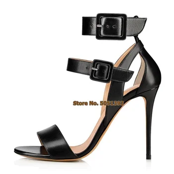 

Women PU Leather High Heeled Sandals Open Toe Plus Buckle Decorations Concise Casual Stiletto Ankle Wrap Large Size Shoes