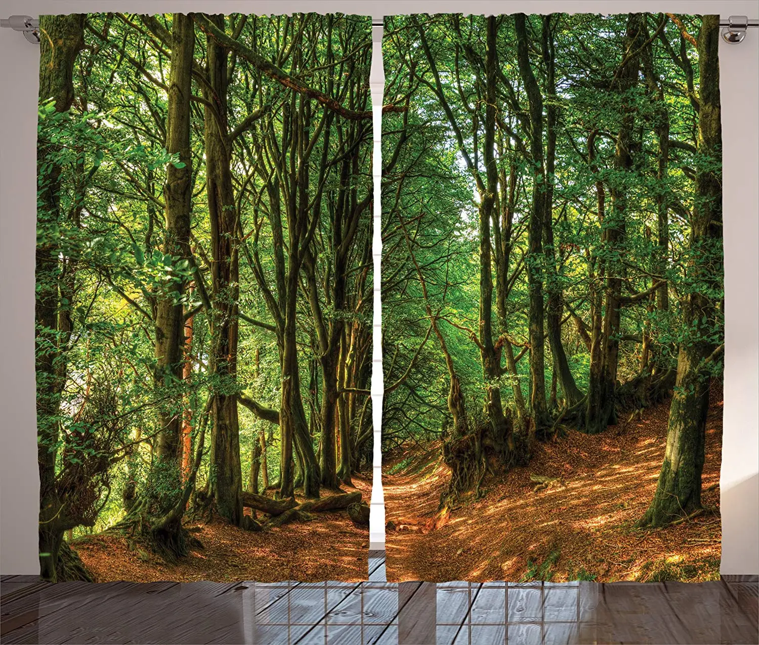 

Woodland Curtains Woodland Scene with Trees and Pathway Foliage Trunk Greenery Outdoor Scenic Picture Living Room Bedroom Decor