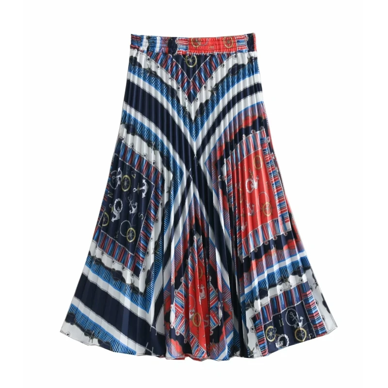 

2019 New Women Vintage chain knotted print pleated midi skirt faldas mujer ladies elastic waist casual chic brand skirts QUN276