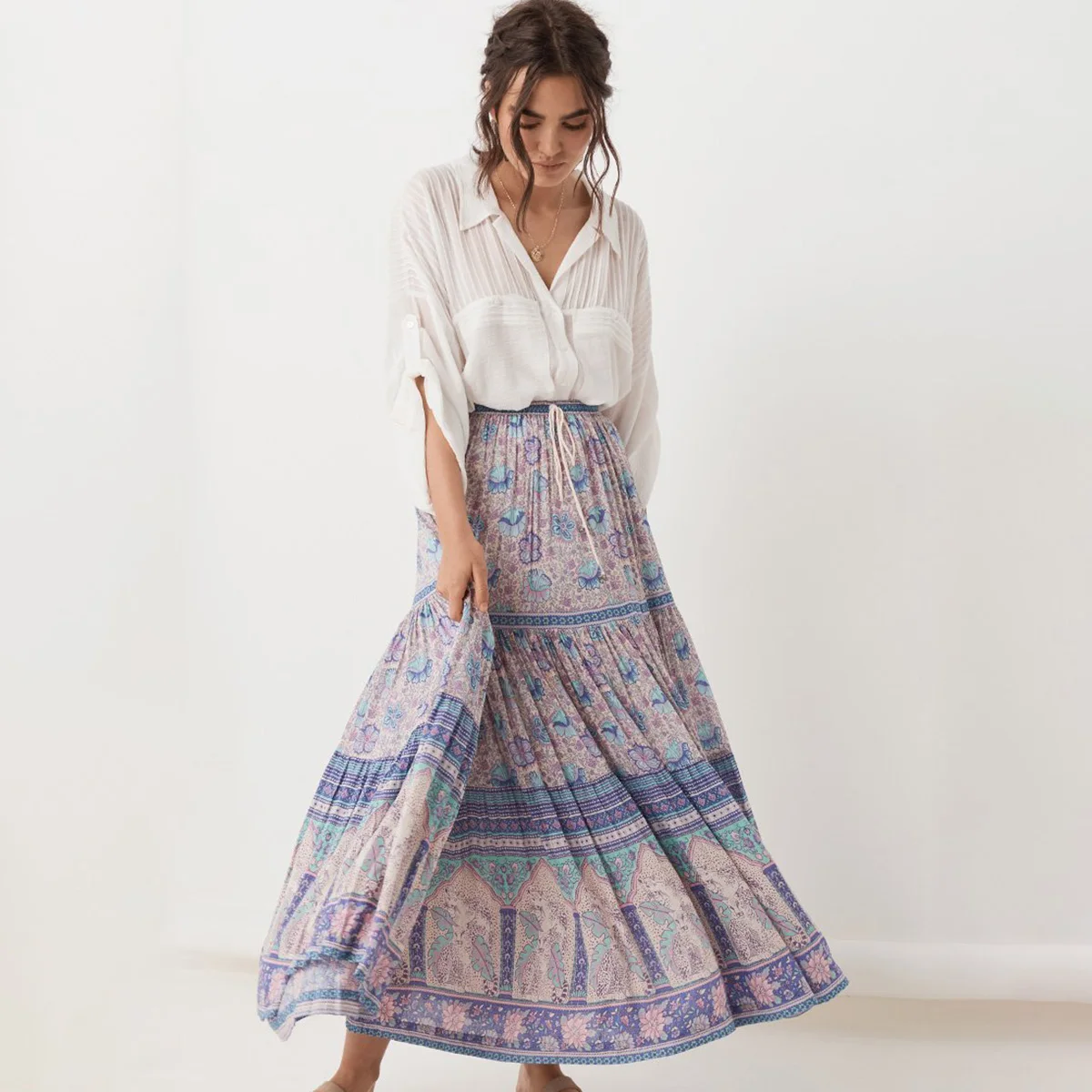 Lalic Boho Maxi Skirt Women Summer Autumn 2019 Floral Print High Waist