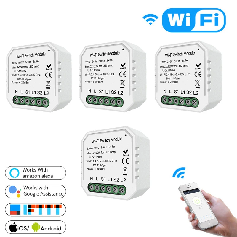 2 банды 2 способ Wifi дистанционный переключатель освещения Diy модуль Smart Life/Tuya приложение беспроводной контроль, работа с Alexa Echo Google Home 4 шт - Цвет: 4 PCS