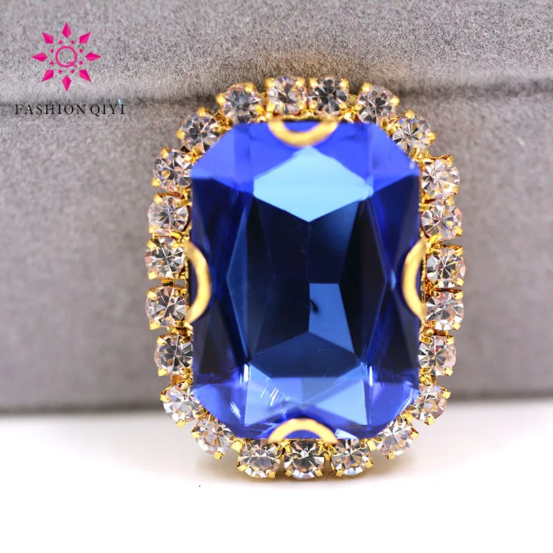 

Free shipping Gold base Rectangular octagonal shape Light Blue sew on rhinestones glass Crystal button DIY clothing accessories