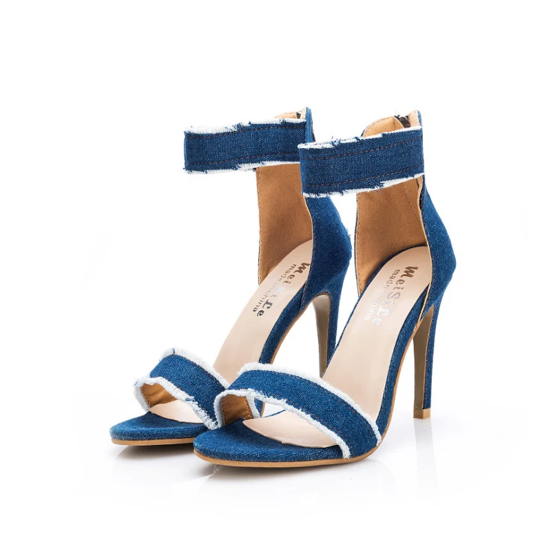 

Women Sexy High Heeled Shoes Denim pumps Thin Heel Summer Sandals ladies Peep Toe Zip Casual Zapatos Mujer High Heeleds