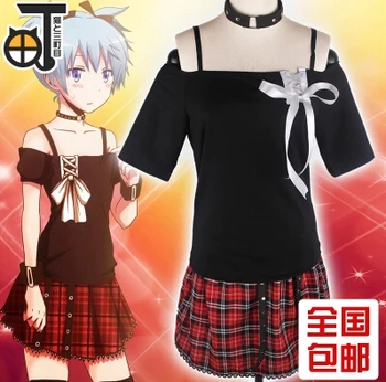 

New Cos Shiota Nagisa Anime Assassination Classroom Cosplay Halloween Change Women Skirts Full Set 3in1(Top+Skirts+Neck ornament