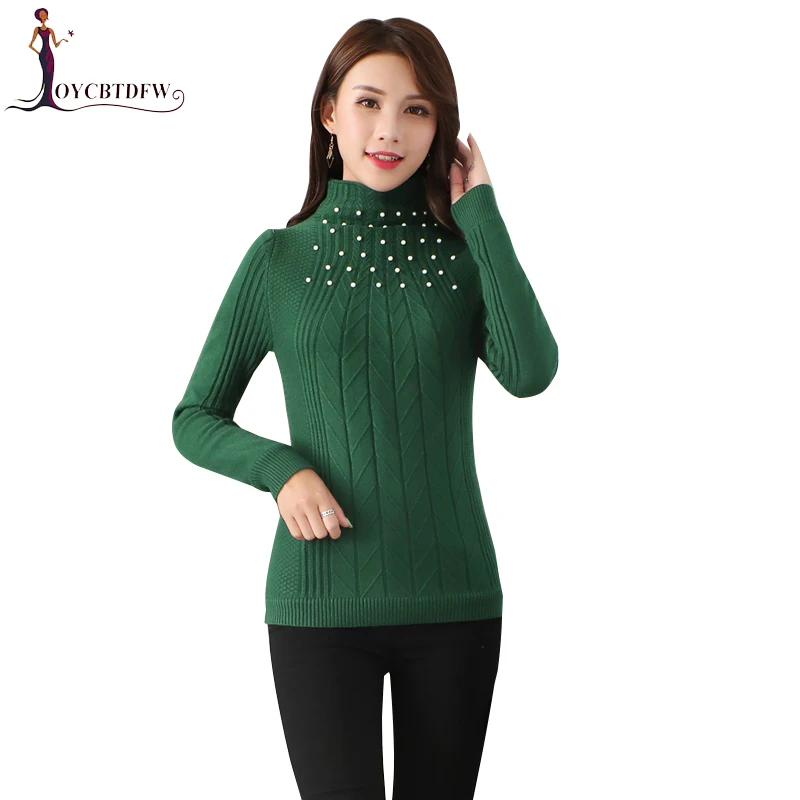 

Autumn Winter Women Knitted Sweater 2018 Fashion Beading Wild Long-sleeved Sweater Half-high Collar Slim Knit Pullover Sweaters
