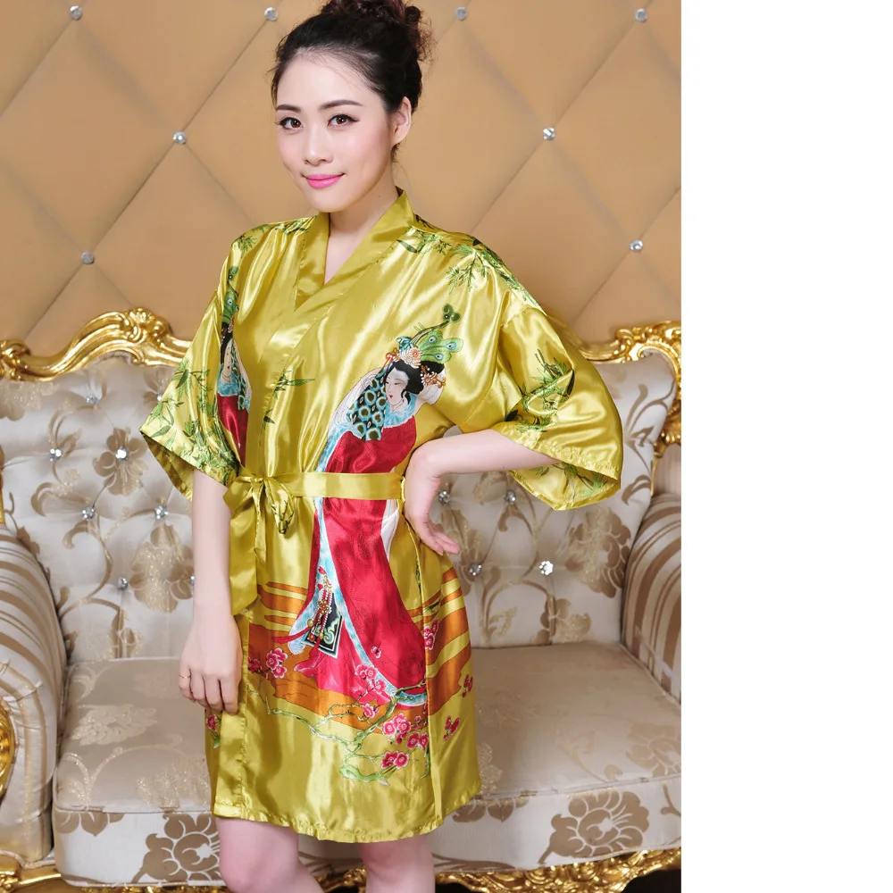 Chinese Women's Painted Silk Bath Gown Nightgown Yukata Kaftan Robe