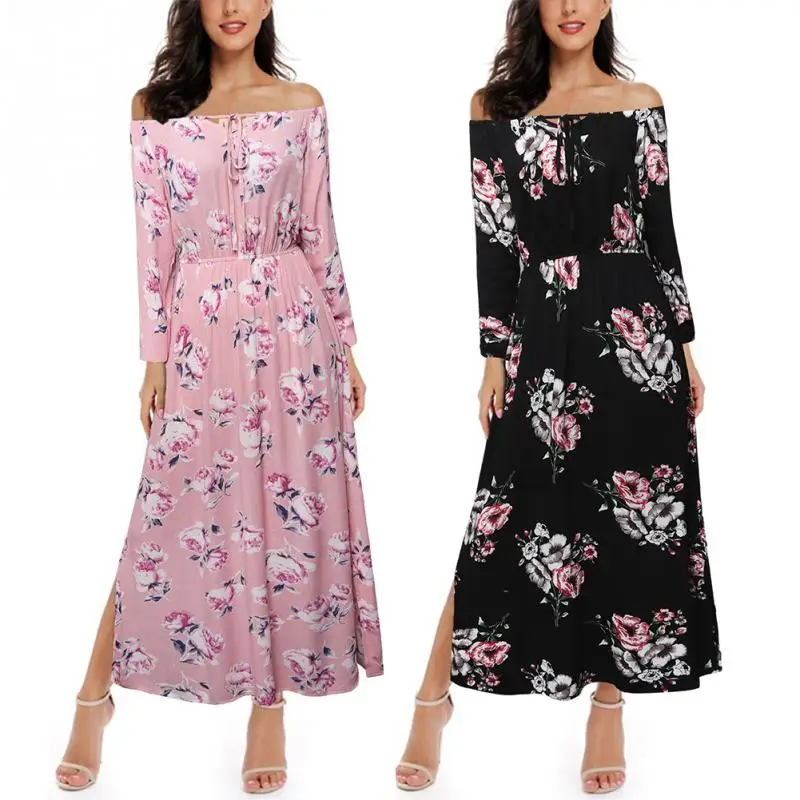

Sexy Strapless Beach Summer Maxi Dress Femme Vintage Bohemian Sundress Floral Off-Shoulder Women Split Long Dresses Vestido