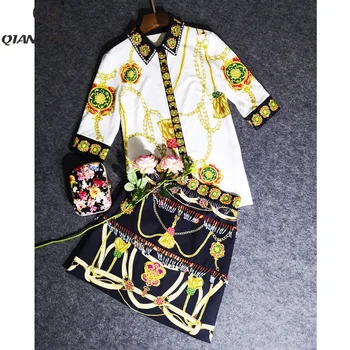 

Qian Han Zi Fashion Summer Vintage Suits Women's Beading Animal Printed Shirt+Elegant Tassel high waist Skirt Two Pieces Set