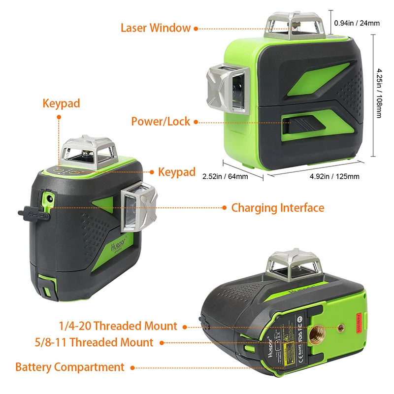 Preise Huepar 12 Linien 3D Cross Line Laser Level Selbst Nivellierung 360 Vertikale und Horizontale Grüne Strahl USB Aufladen Einsatz trockenen   Li Ion Batterie