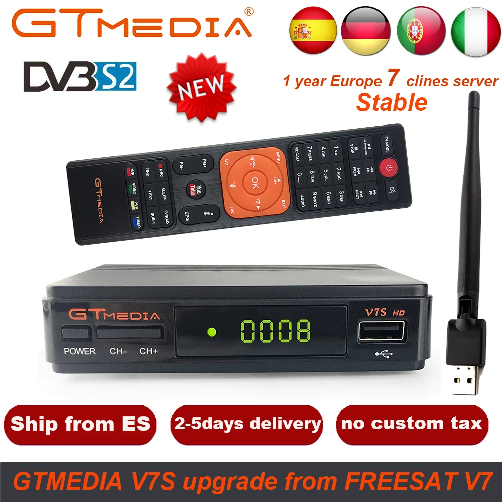 1 Year Europe 7 Clines Server GTMedia V7S HD Digital Satellite Receiver DVB-S2 V7S HD Full 1080P+USB WIFI Upgrade Freesat V7