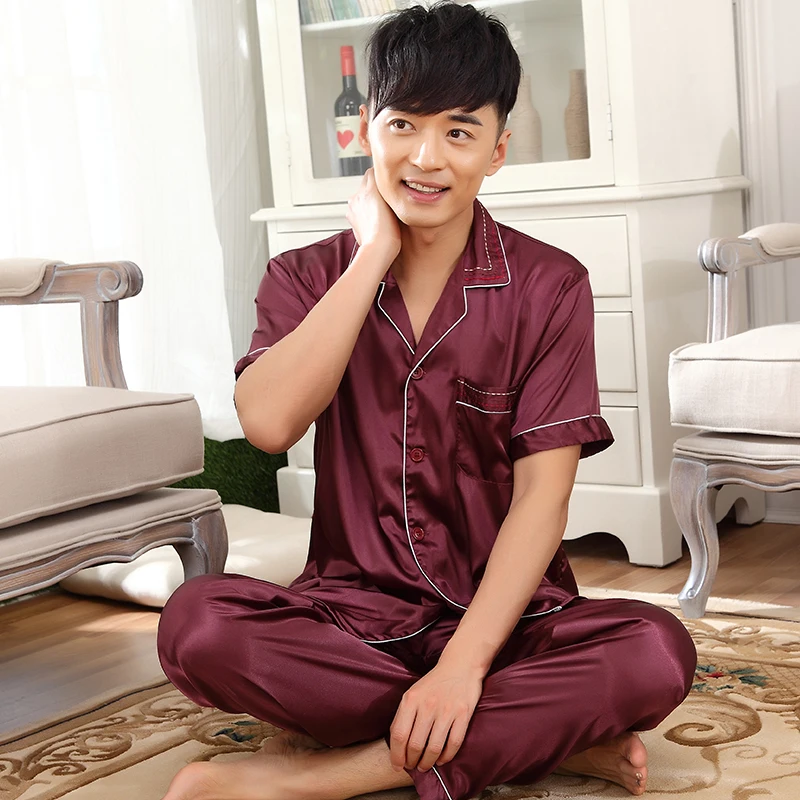 2016 New Luxurious Pajamas Set Men Sleepwear Short Sleeve Trousers Silk