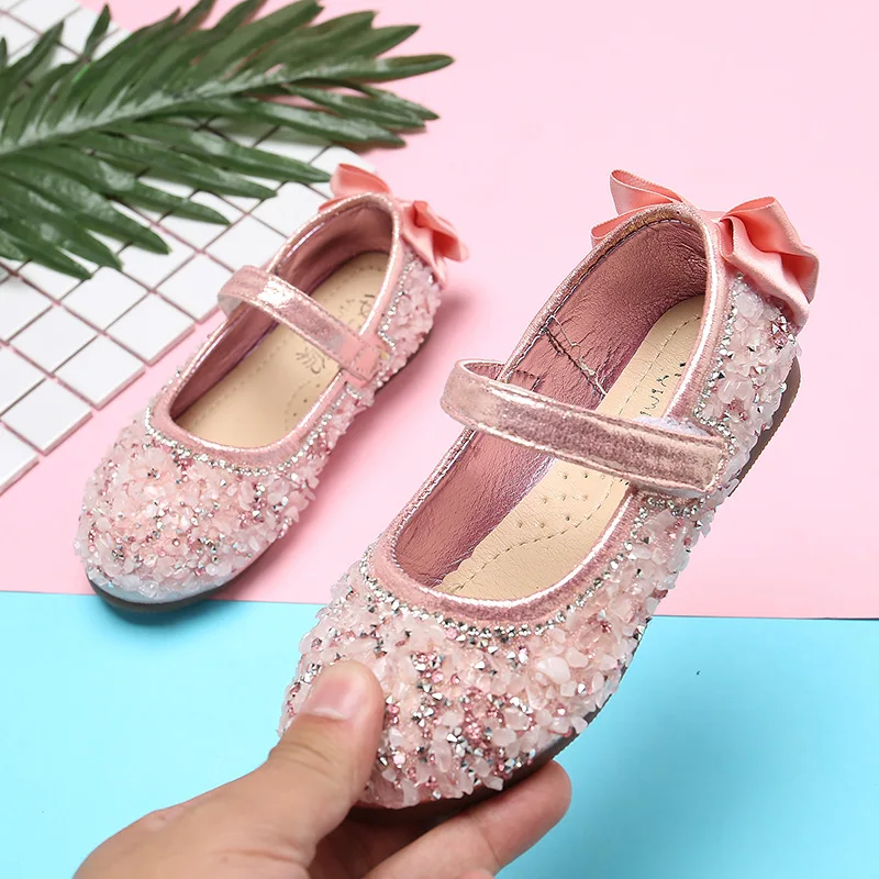 Black pink Silver Childrens leather shoes Girl Rhinestone Sequin Princess shoes Kids dancing Wedding Party Shoes For Baby Girl