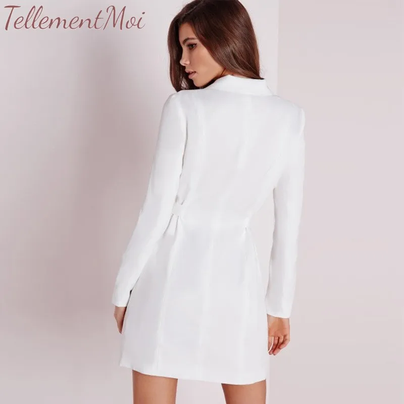 Blazer for Women Deep V Long Sleeve Blazer Mini Dress Casual Work Office Lapel Long Jacket with Belt Slim Trench Coat Dresses