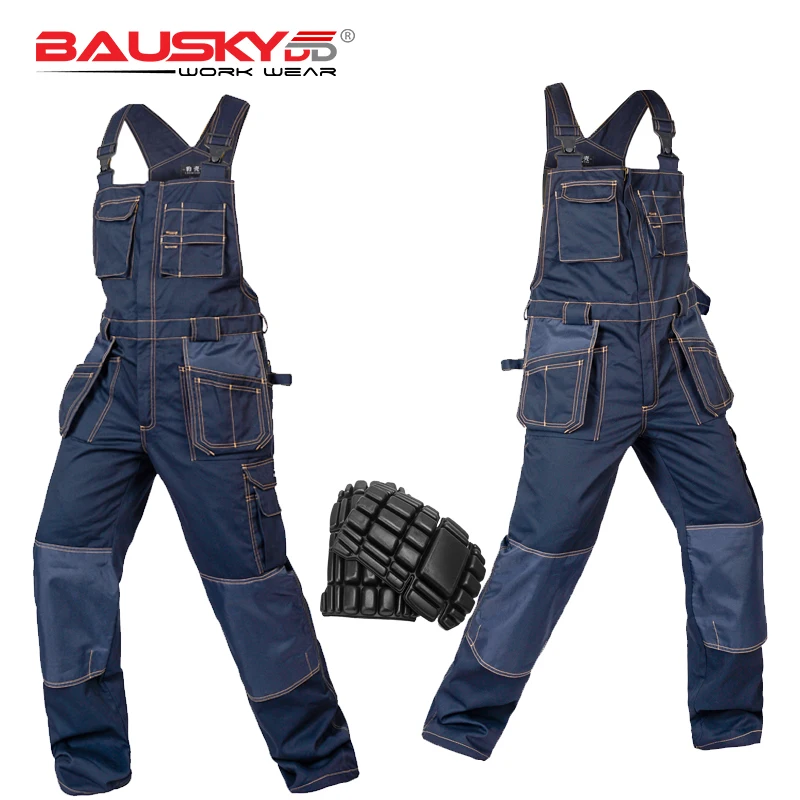 Heavy Duty Work Bib and Brace Overalls with Knee Pads Pocket dark blue