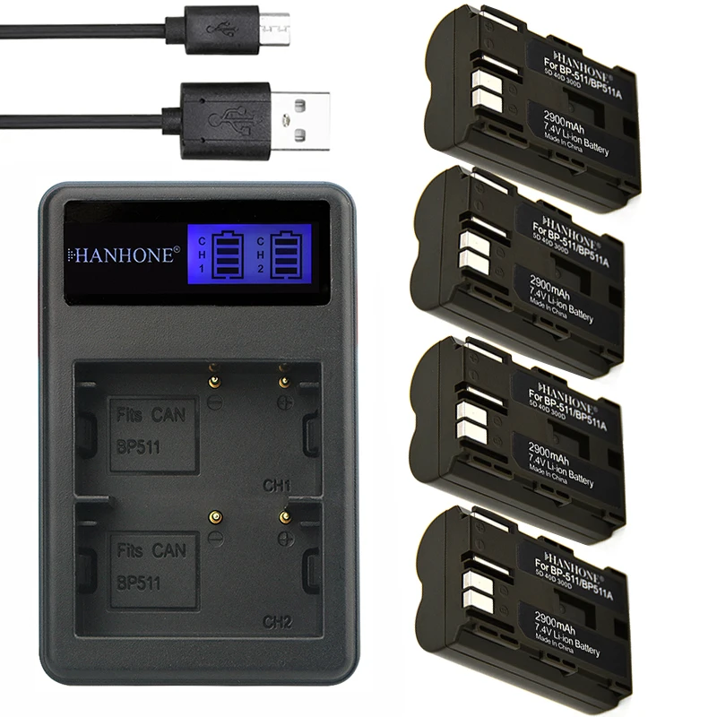 4 шт. 2900 мА/ч, BP-511A BP-511 BP 511 511A Батарея+ ЖК-дисплей Dual USB Зарядное устройство для Canon G6 G5 G2 G1 G3 EOS 300D 30D 50D 40D 20D 5D MV300i