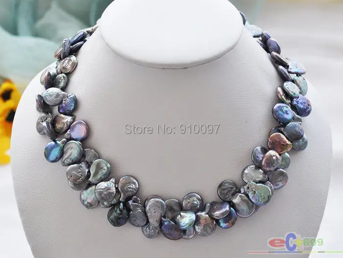 

free shipping >>>2row 17" 15mm coin black Freshwater cultured pearl necklace