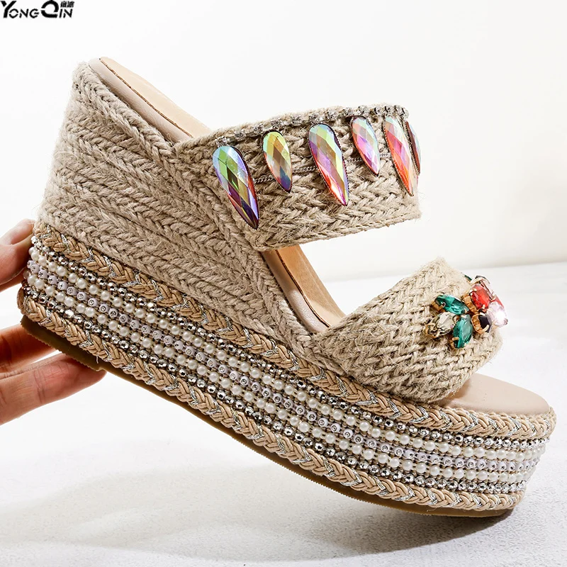 

New summer comfortable waterproof sandals shoes thick bottom high heel wedge rhinestone women sandals