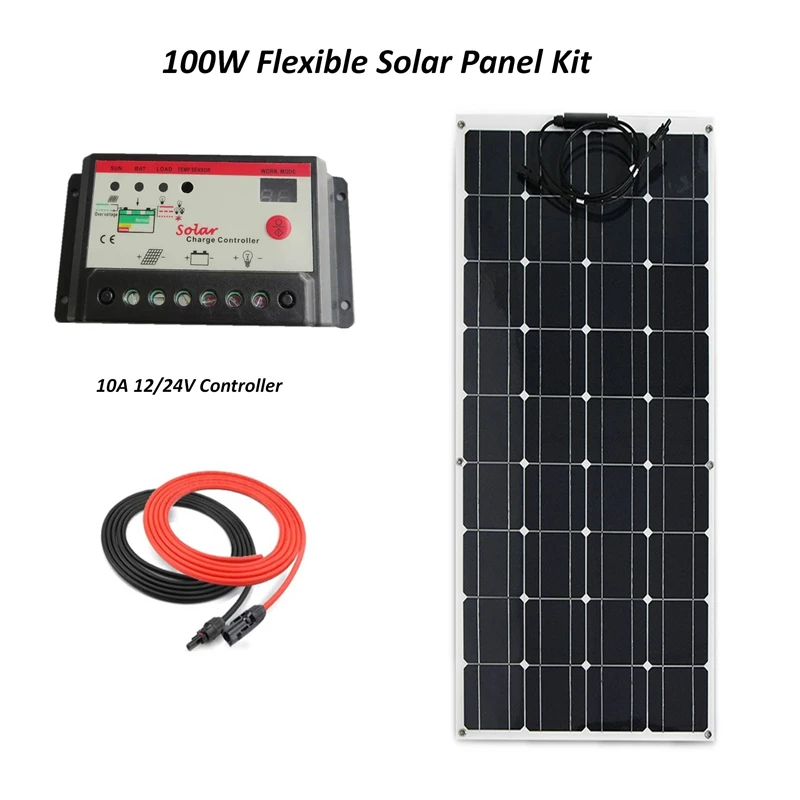 

Portable Solar Panel System Kit Flexible 100W plate CELLS Monocrystalline silicon Panels+10A LED solar charge controller+ cable