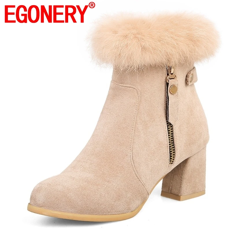 EGONERY/бесплатная доставка, новинка 2018 года, зимние плюшевые теплые женские ботильоны из флока на молнии, обувь на высоком квадратном каблуке