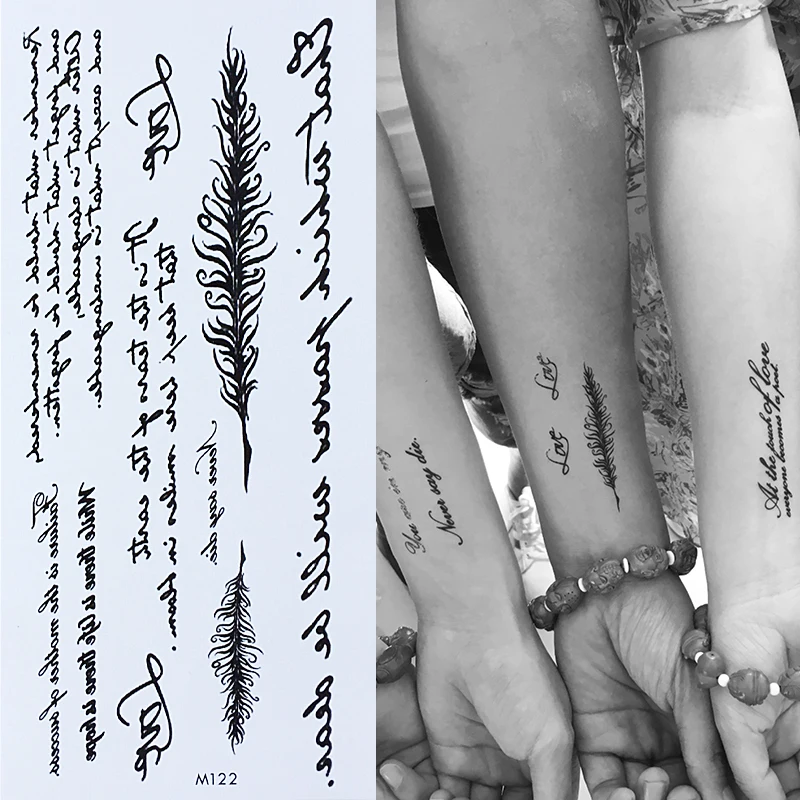 Temporary English Word Tattoo Stickers Black Letters Feather Body Art