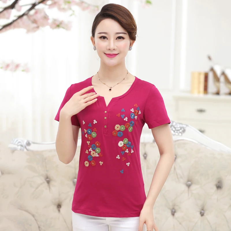 

L-4XL Cotton T Shirt For Women Summer Top Plus Size Middle Age Mother Clothing Short Sleeve Embroidery Pullover Bottoming Shirt