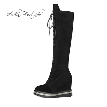 

Fashion women's shoes winter 2019 cross tied lace up zipper wedges waterproof platform knee high boots personality big size 42