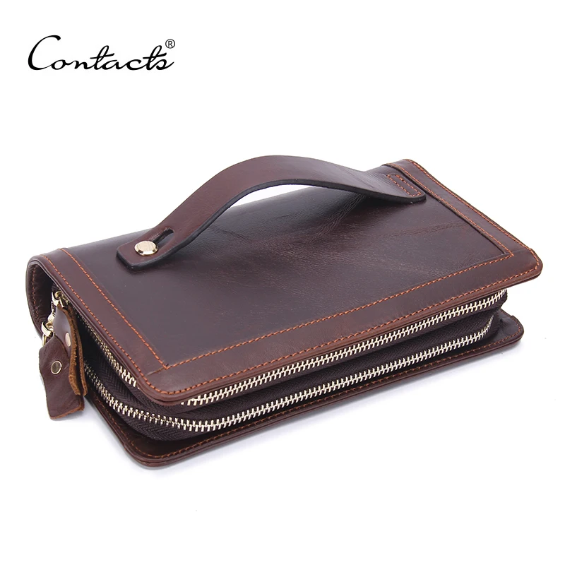 CONTACT'S Fashion Men's Original Retro Leather Clutch Wallet Guaranteed Genuine Leather Vintage Man Clutch Bag High Capacity