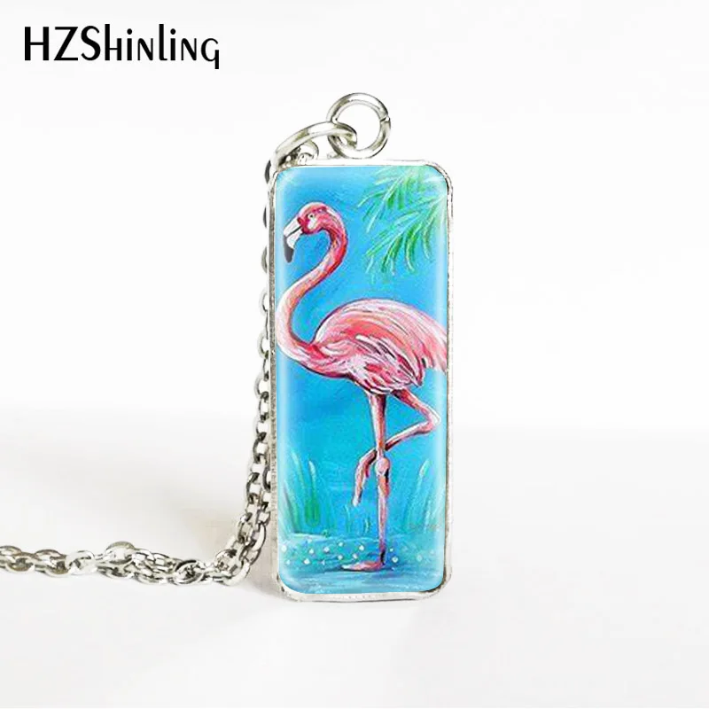 Beauty Red Pink Flamingo Love Couple Square Pendants Jewelry Beauty Flamingo Paintings Art Stainless Steel Necklace
