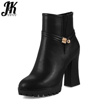 

JK 2018 New Thick High Heels Women Ankle Boots Pu Platform Round Toe Footwear Short Plush Ladies Shoes Zipper Autumn Boots