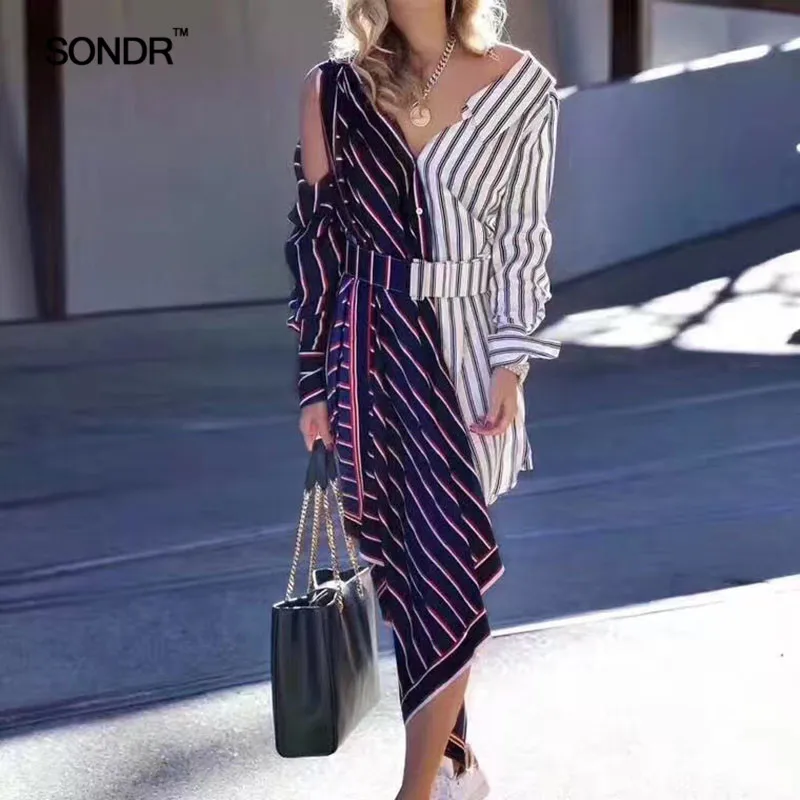 

SONDR 2019 Summer OL Striped Dress For Women Patchwork V Neck Hollow Out Belt High Waist Asymmetrical Mini Dresses