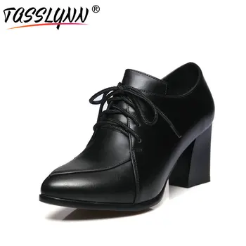 

TASSLYNN 2019 Women Pumps Square High Heel Women' Shoes Pointed Toe Lace Up Woman Black Leisure Spring Autumn Shoes Size 34-42