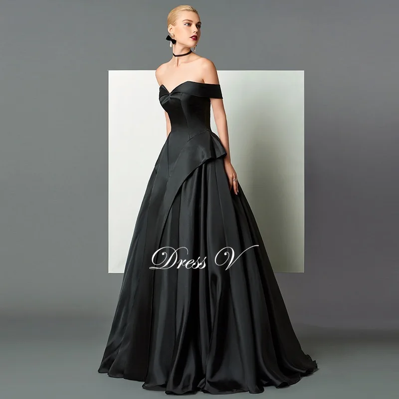 Dressv al largo della spalla nero vestito da sera a line cap maniche sweep  treno convenzionale del vestito da partito 2017 increspature lungo da sera  abiti|black evening dress|evening dresslong evening dress -