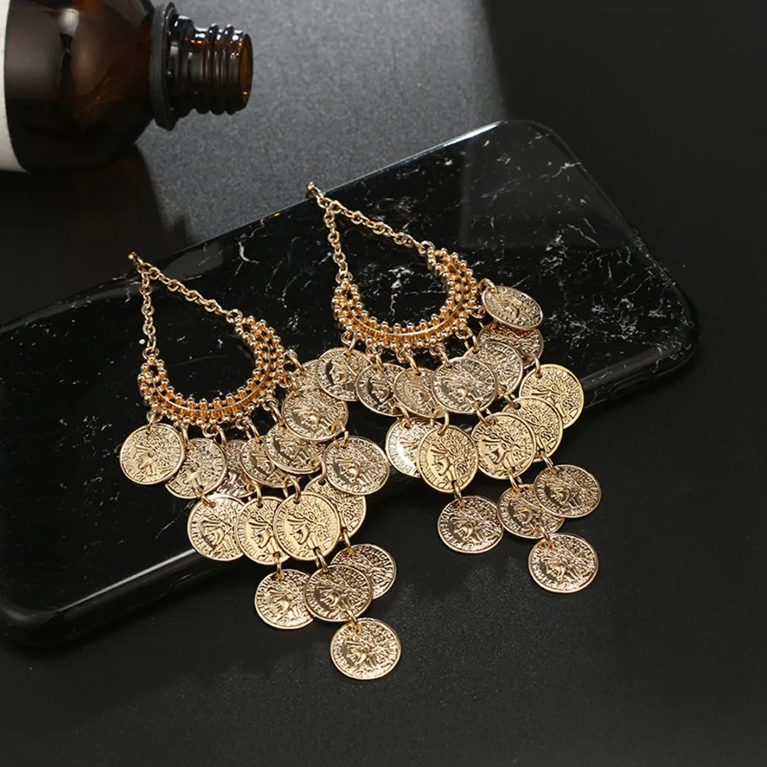 Shellhard Fashion Gold-color Metal Tassel Dangle Earrings Retro Round Multi Disc Long Drop Earring Women Ethnic Indian Jewelry