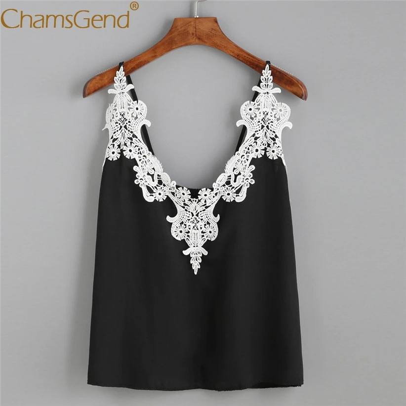 

Chamsgend Tops & Tees Women HOT Fashion Summer V Neck Lace Loose Crop Top Female Cropped Black Camisole 80108